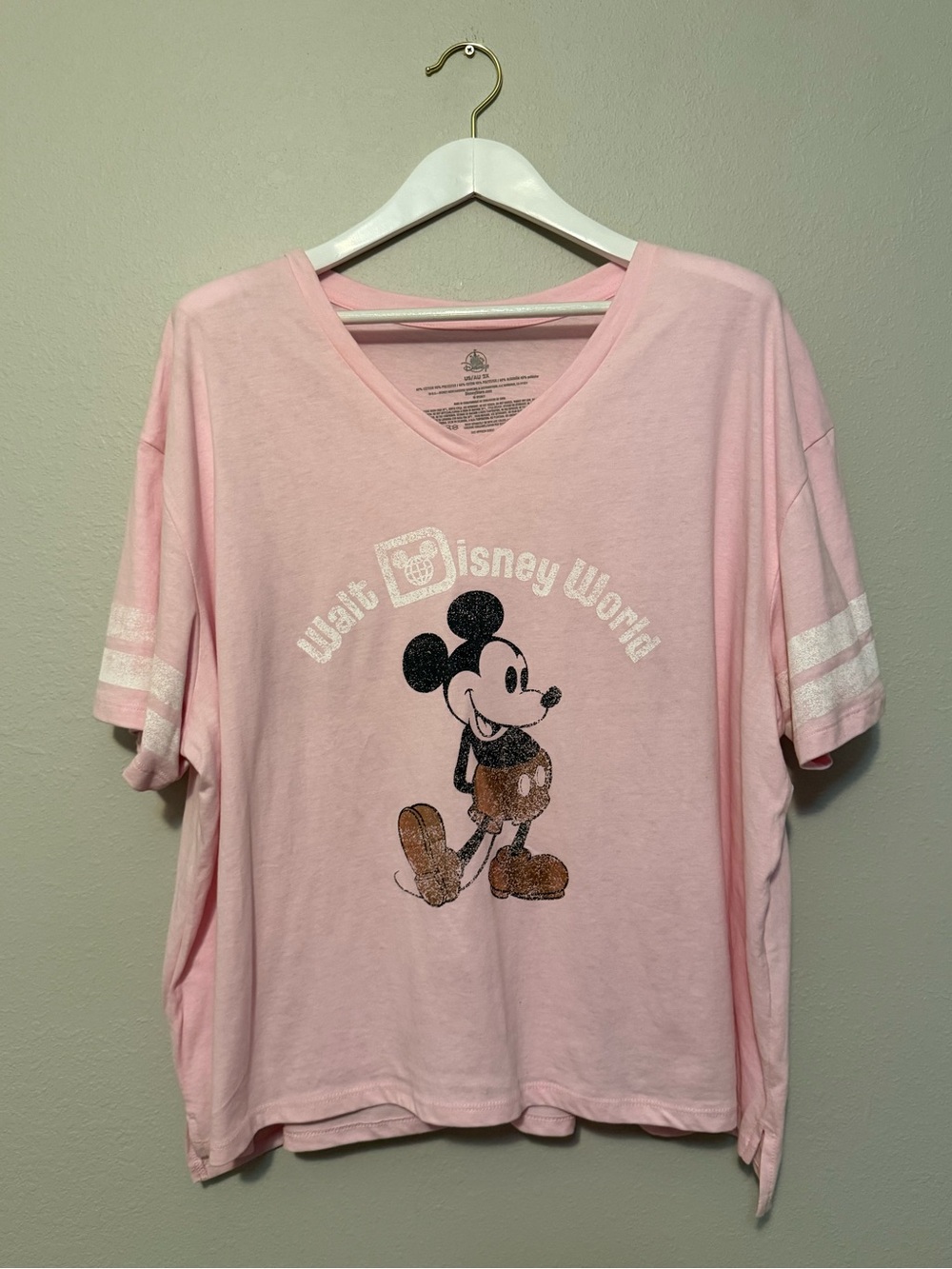Walt Disney World Pink V-Neck Mickey Graphic Tee with White Sleeve Stripes